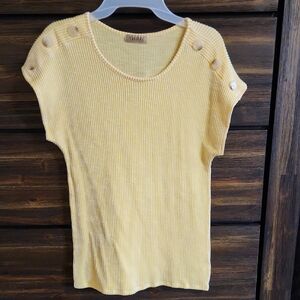 Lavish Yellow Ribbed Short Sleeve Top with Shoulder Buttons